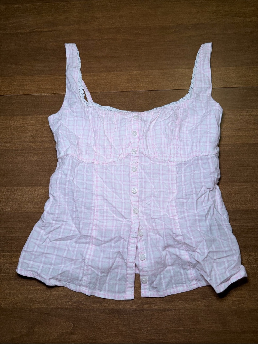 Hollister Pink Plaid Lace Trim Button Front Babydoll Cami Tank Top Small